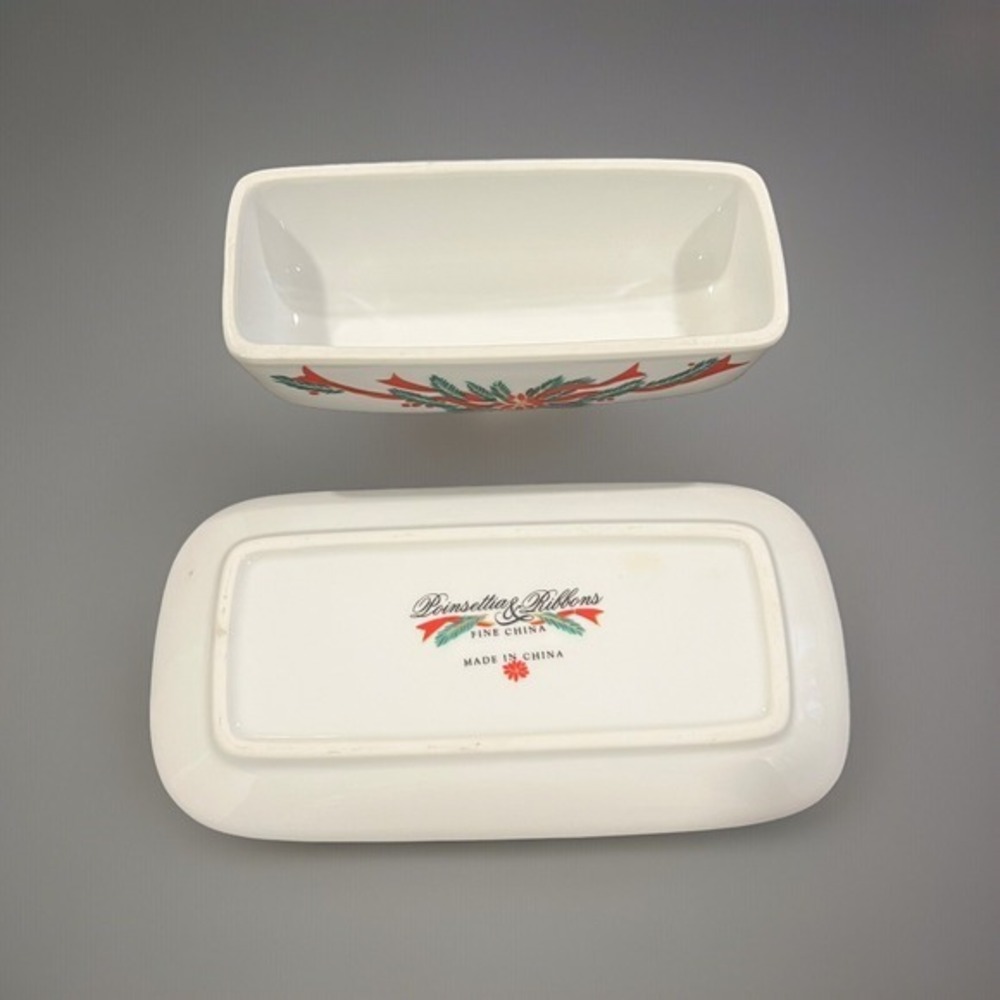 Poinsettia & Ribbons Vintage Christmas Fine China Butter Dish - Picture 5 of 5